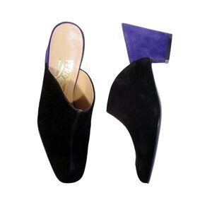 FERRAGAMO New $895 Suede Color Block Blue Heel Mules 5.5B - Made in ITALY
